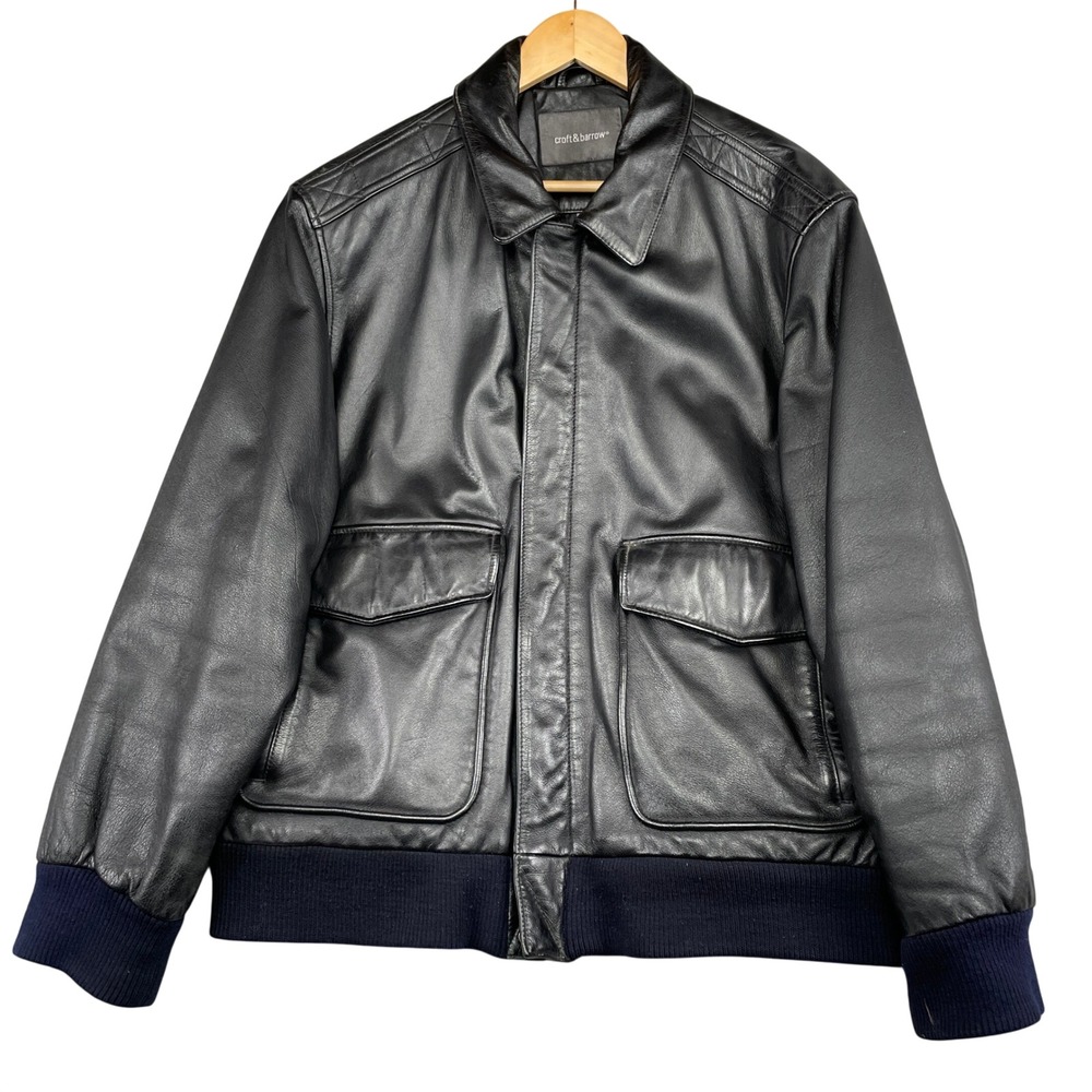 Croft & Barrow Leather Jacket Mens L Black Bomber Aviator Full Zip Ribbed Trim